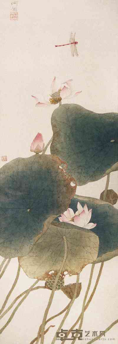 何兮 红荷蜻蜓图 片 84×33cm